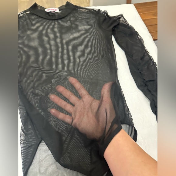 Black Mesh Bodysuit with High Neck and Long Sleeves - Picture 3 of 5